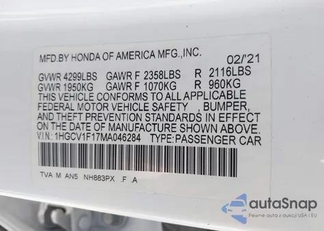 2021 Honda Accord Lx из США, поврежденный, VIN 1HGCV1F17MA046284